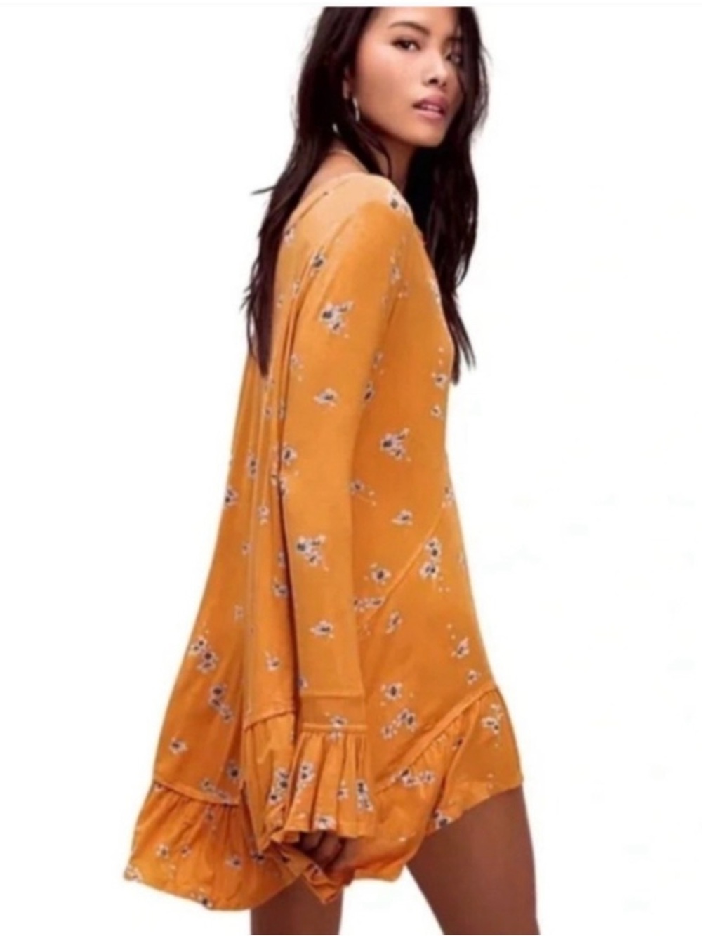 NWT FREE PEOPLE Sz SP Olivia Flowy Printed Tunic Marigold/Blue Floral Boho